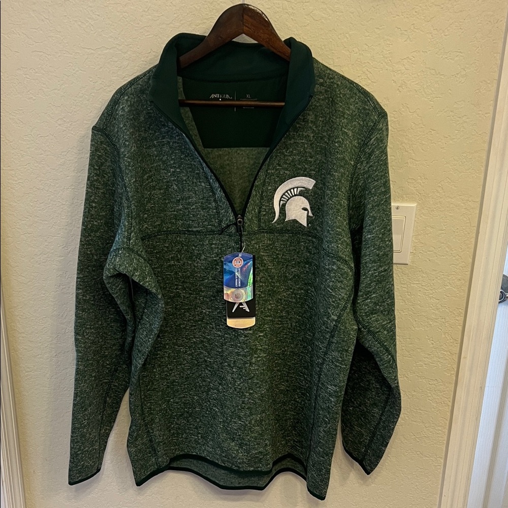 Men's Green Antigua Quarter-Zip Michigan State Spartans Pullover Sweater